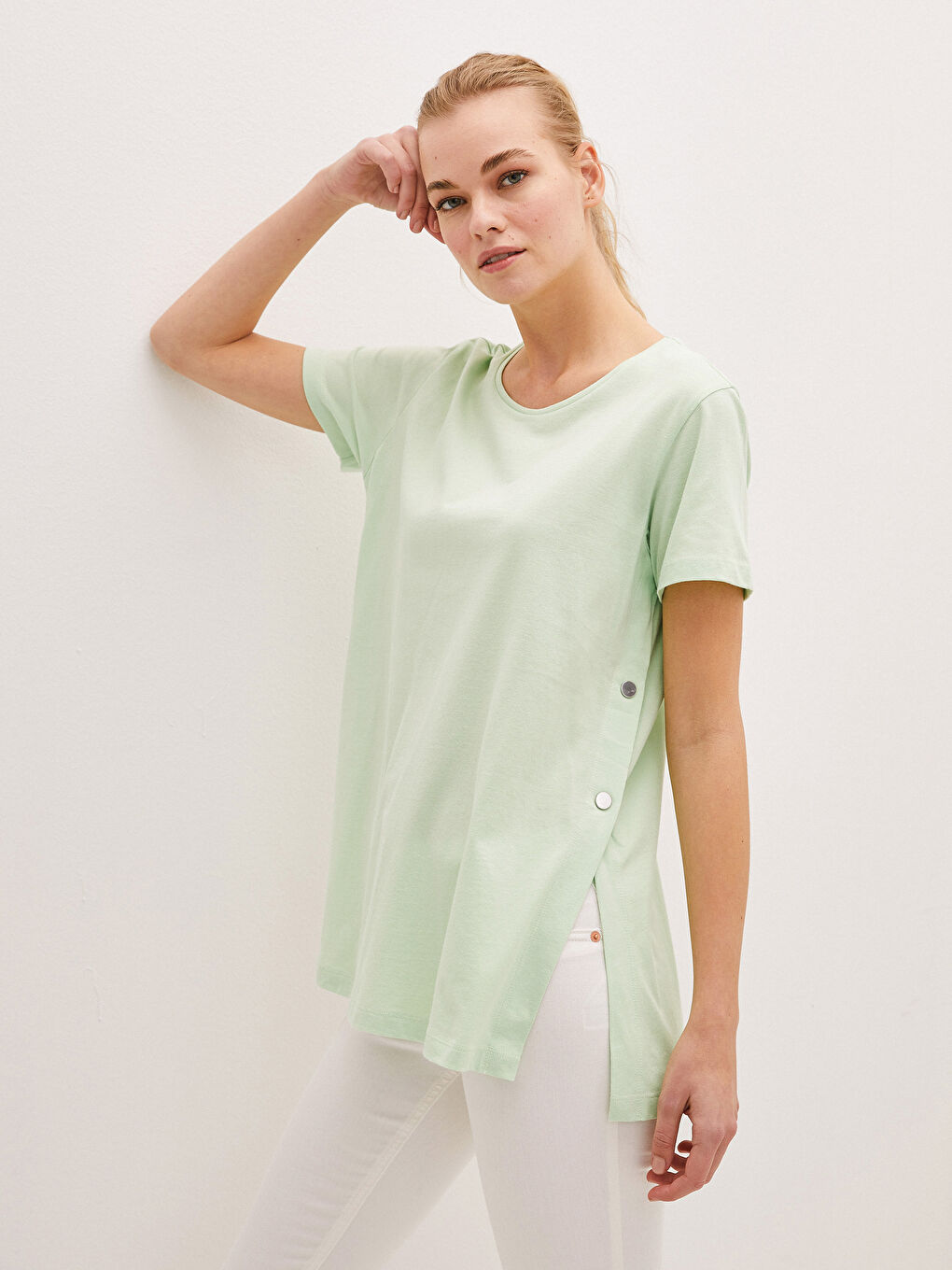 Yeşil Bisiklet Yaka Düz Kısa Kollu Kadın Tişört-8