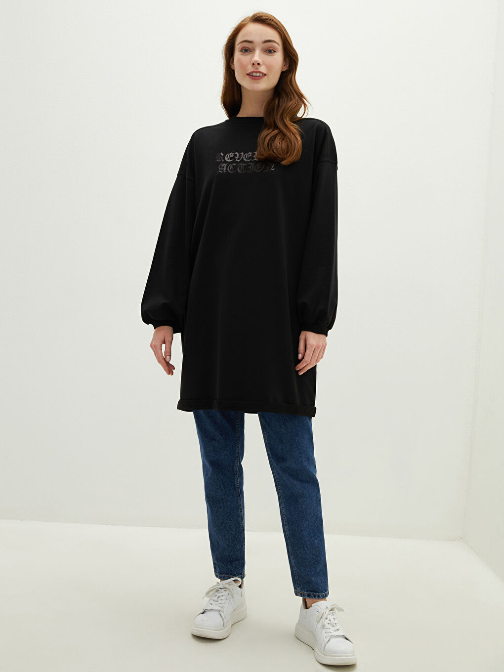 Crew Neck Printed Long Sleeve Women's Sweatshirt Tunic -S1I090Z8-CVL