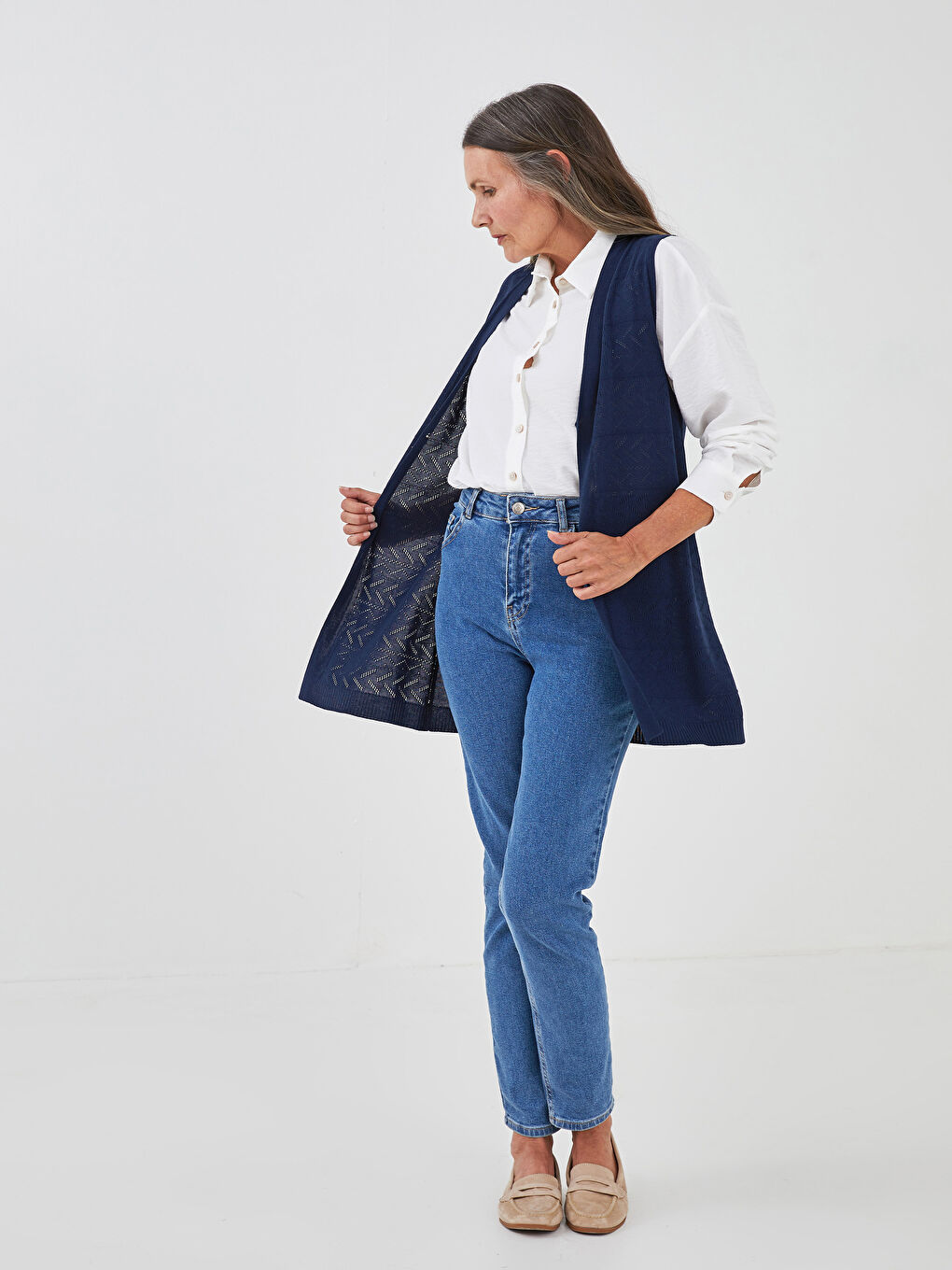 Lacivert Kendinden Desenli Kapama Kopçalı Kadın Triko Yelek-2