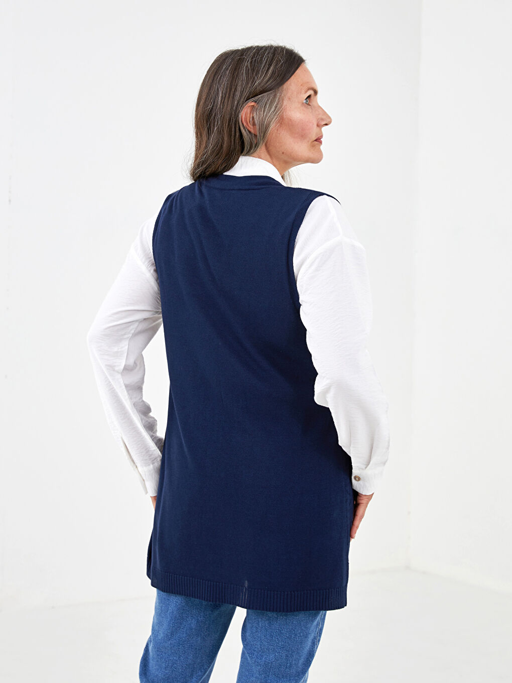 Lacivert Kendinden Desenli Kapama Kopçalı Kadın Triko Yelek-3