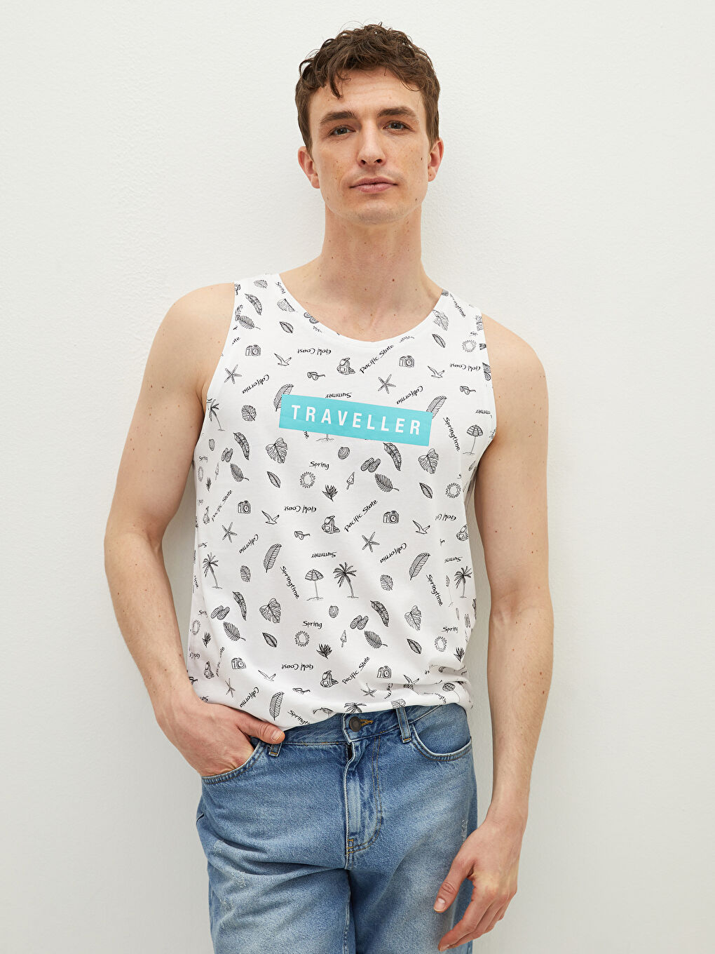 Tricou fără mâneci din bumbac imprimat cu guler rotund pentru bărbați-1