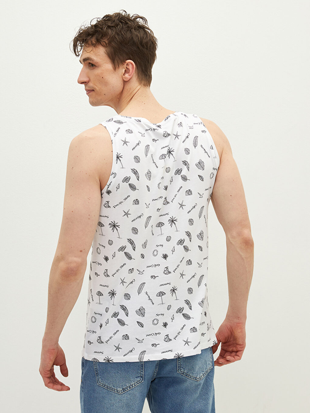 Tricou fără mâneci din bumbac imprimat cu guler rotund pentru bărbați-3