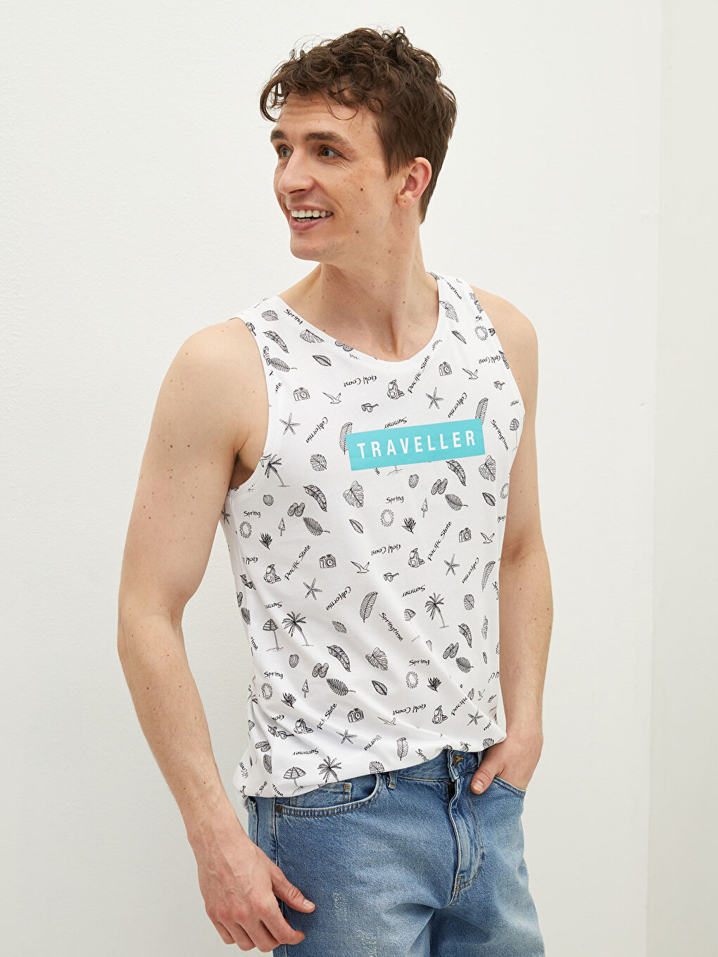 Tricou fără mâneci din bumbac imprimat cu guler rotund pentru bărbați