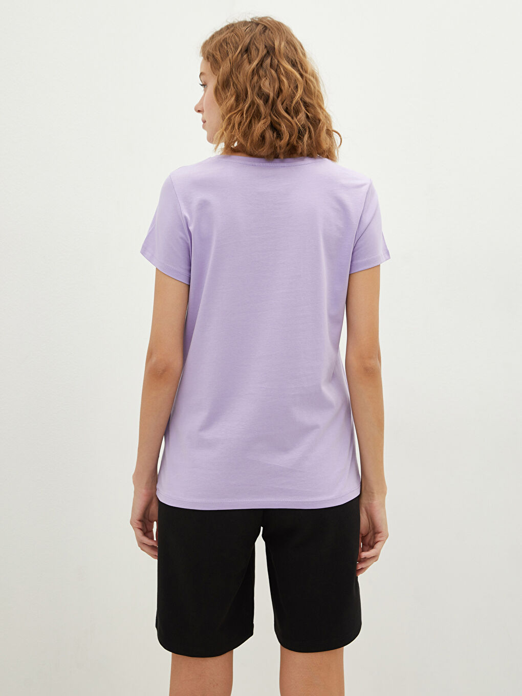 Lila Bisiklet Yaka Slogan Baskılı Kısa Kollu Pamuklu Kadın Tişört-4