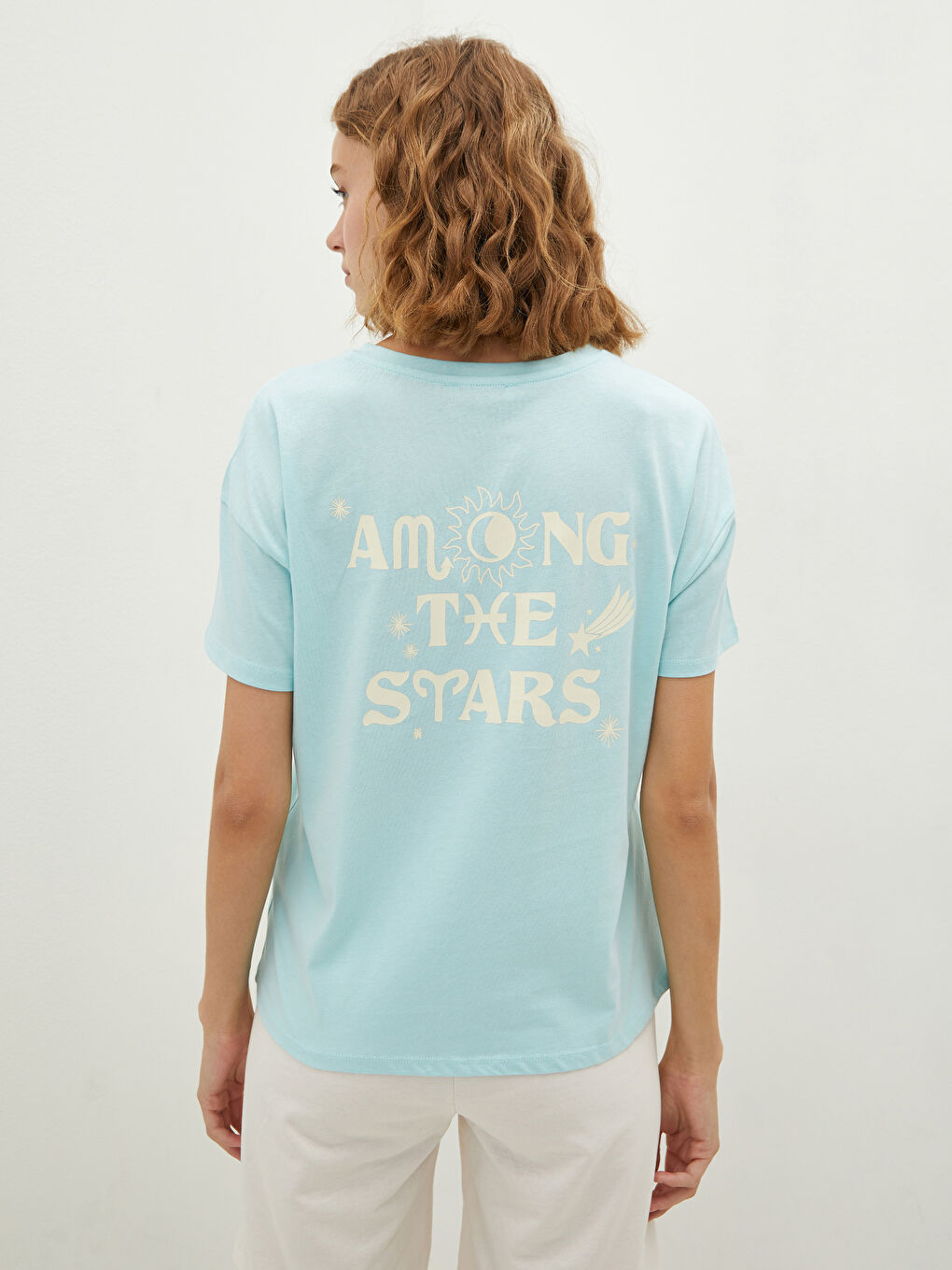 Turkuaz Bisiklet Yaka Baskılı Kısa Kollu Pamuklu Kadın Tişört-4