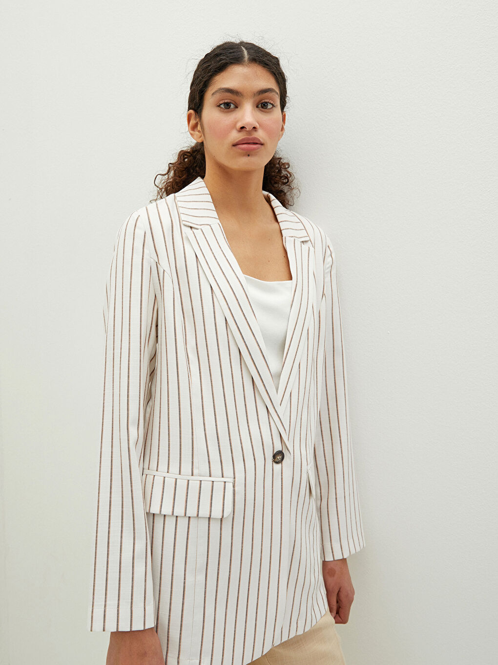 Женский полосатый пиджак с длинным рукавом на пуговицах-4