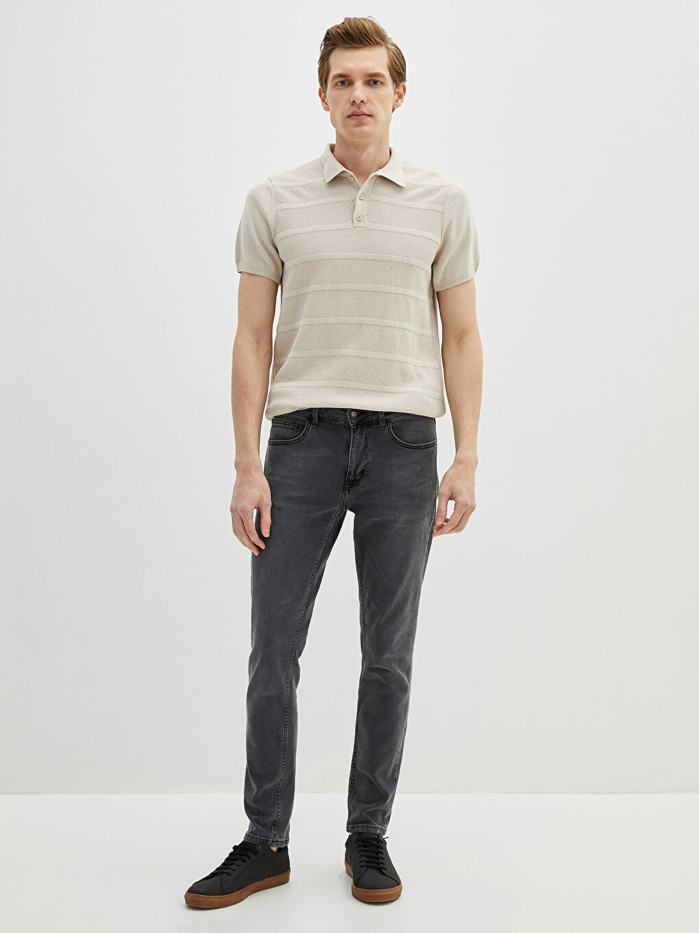 Gri Polo Yaka Kısa Kollu Çizgili Erkek Triko Kazak-3