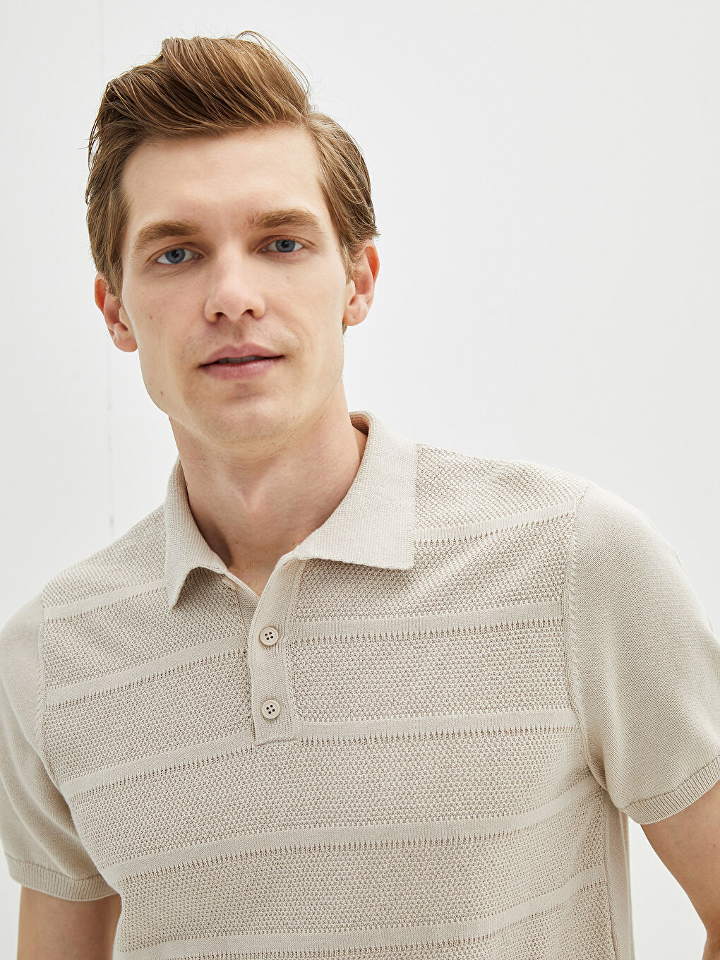 Gri Polo Yaka Kısa Kollu Çizgili Erkek Triko Kazak-4