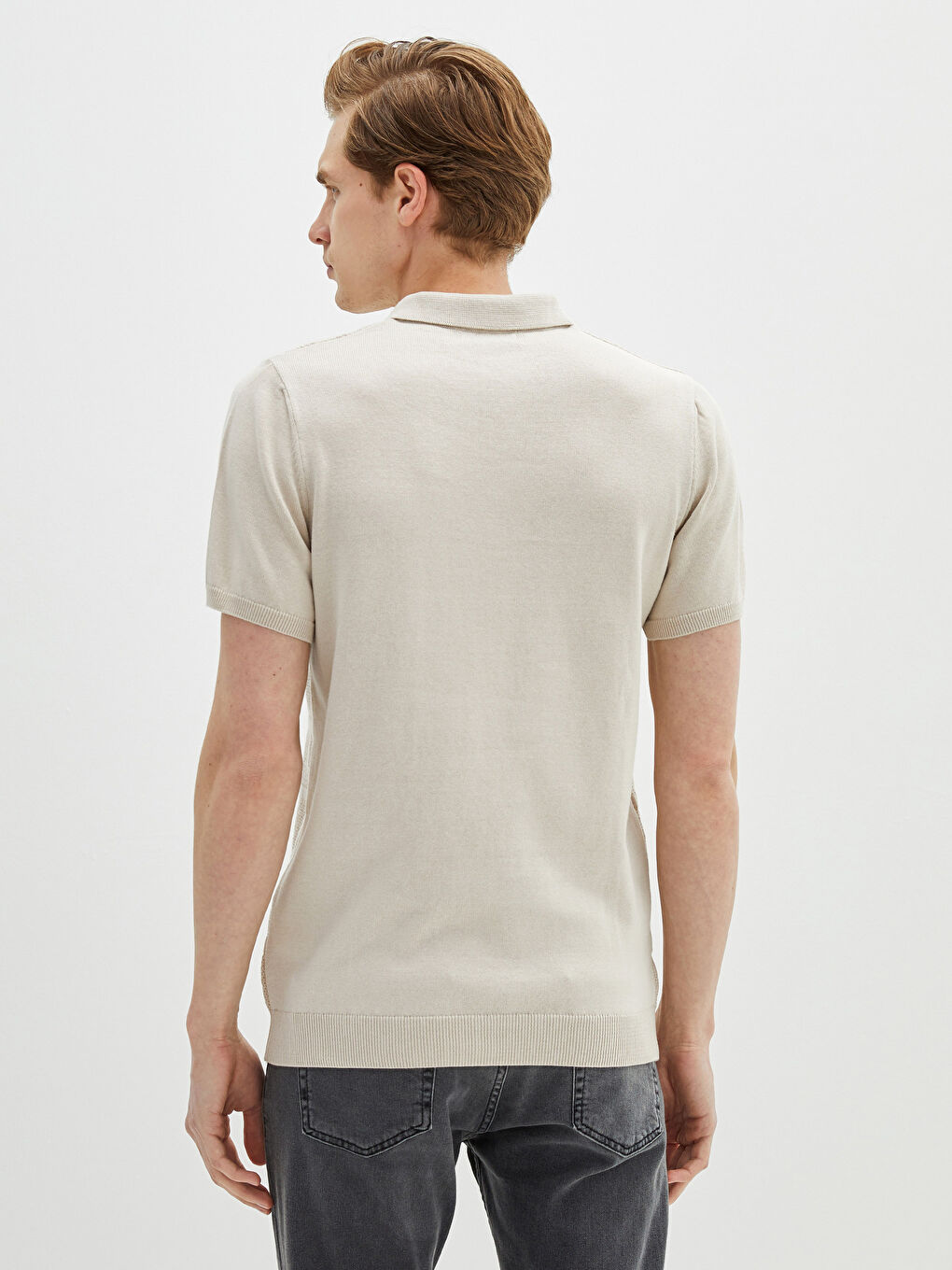 Gri Polo Yaka Kısa Kollu Çizgili Erkek Triko Kazak-5