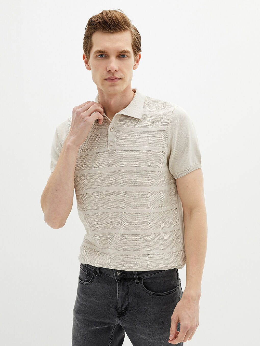 Gri Polo Yaka Kısa Kollu Çizgili Erkek Triko Kazak