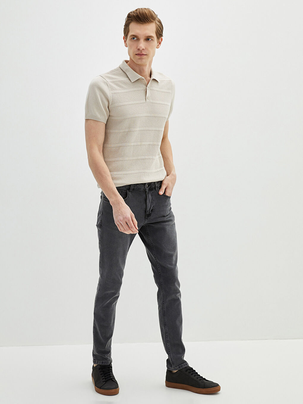 Gri Polo Yaka Kısa Kollu Çizgili Erkek Triko Kazak-2