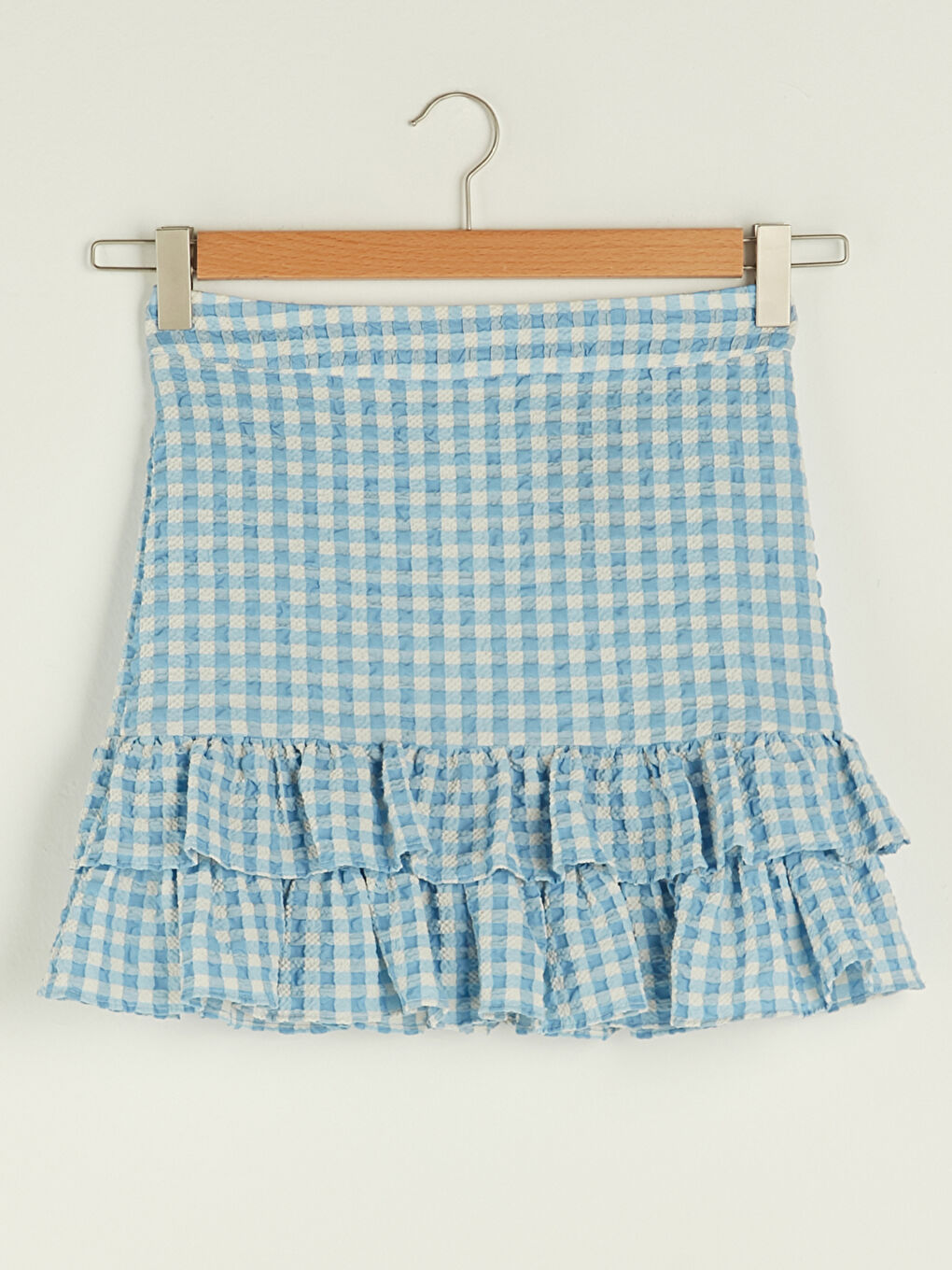 Mavi Ekose Fırfır Detaylı Fermuar Kapamalı Kadın Etek-8