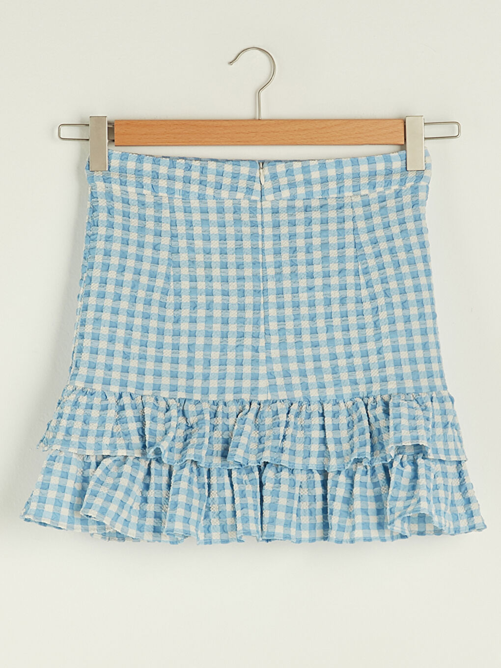 Mavi Ekose Fırfır Detaylı Fermuar Kapamalı Kadın Etek-9