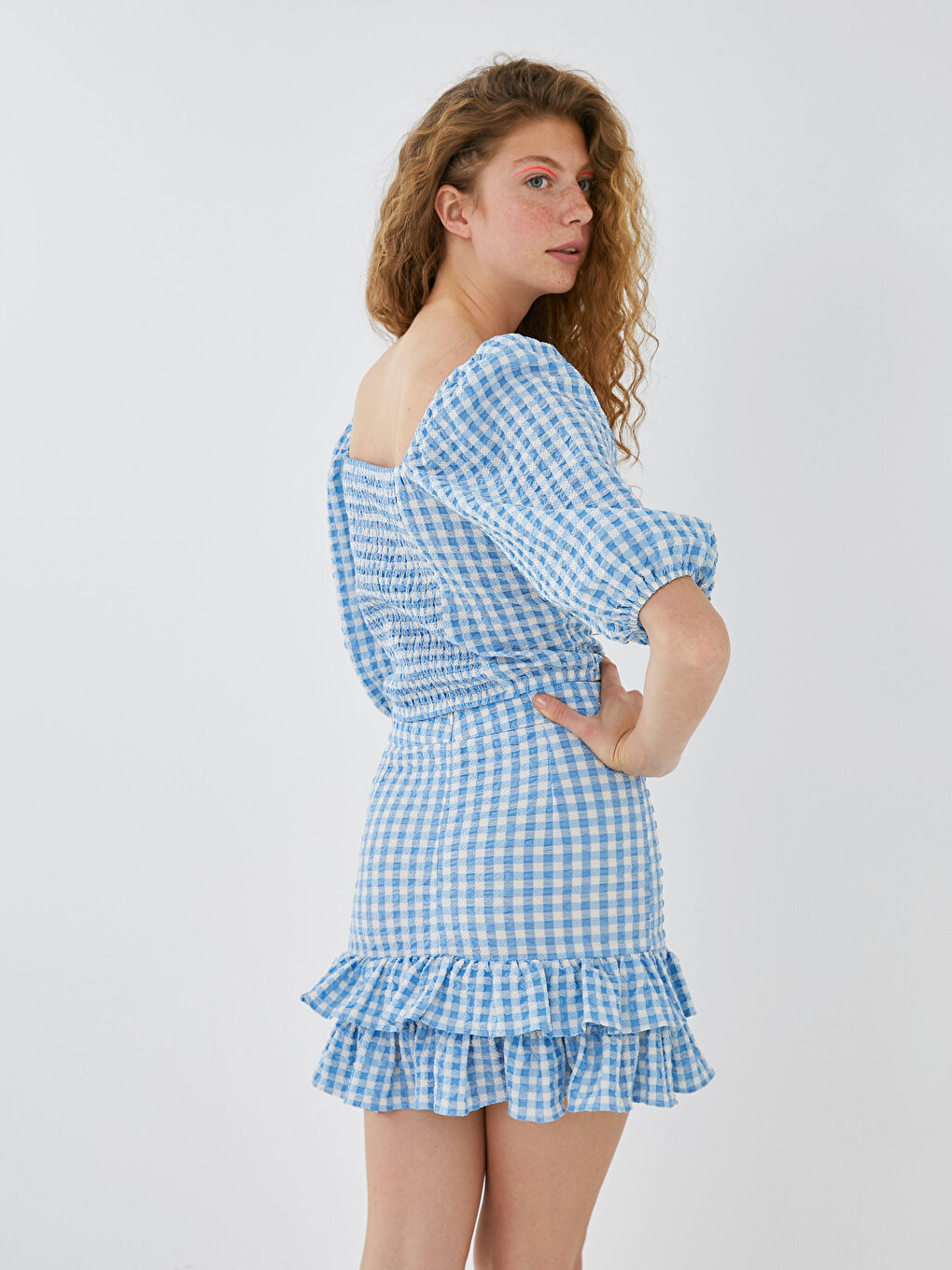 Mavi Ekose Fırfır Detaylı Fermuar Kapamalı Kadın Etek-4