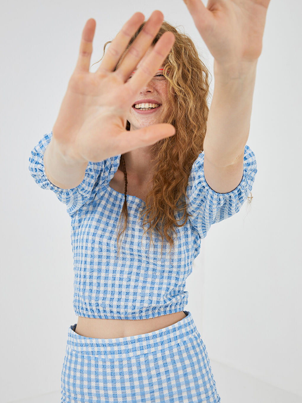 Mavi Ekose Fırfır Detaylı Fermuar Kapamalı Kadın Etek-5