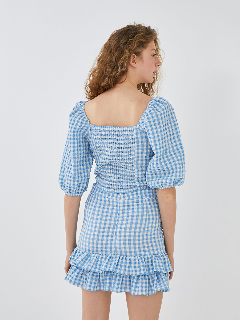 Mavi Ekose Fırfır Detaylı Fermuar Kapamalı Kadın Etek-6