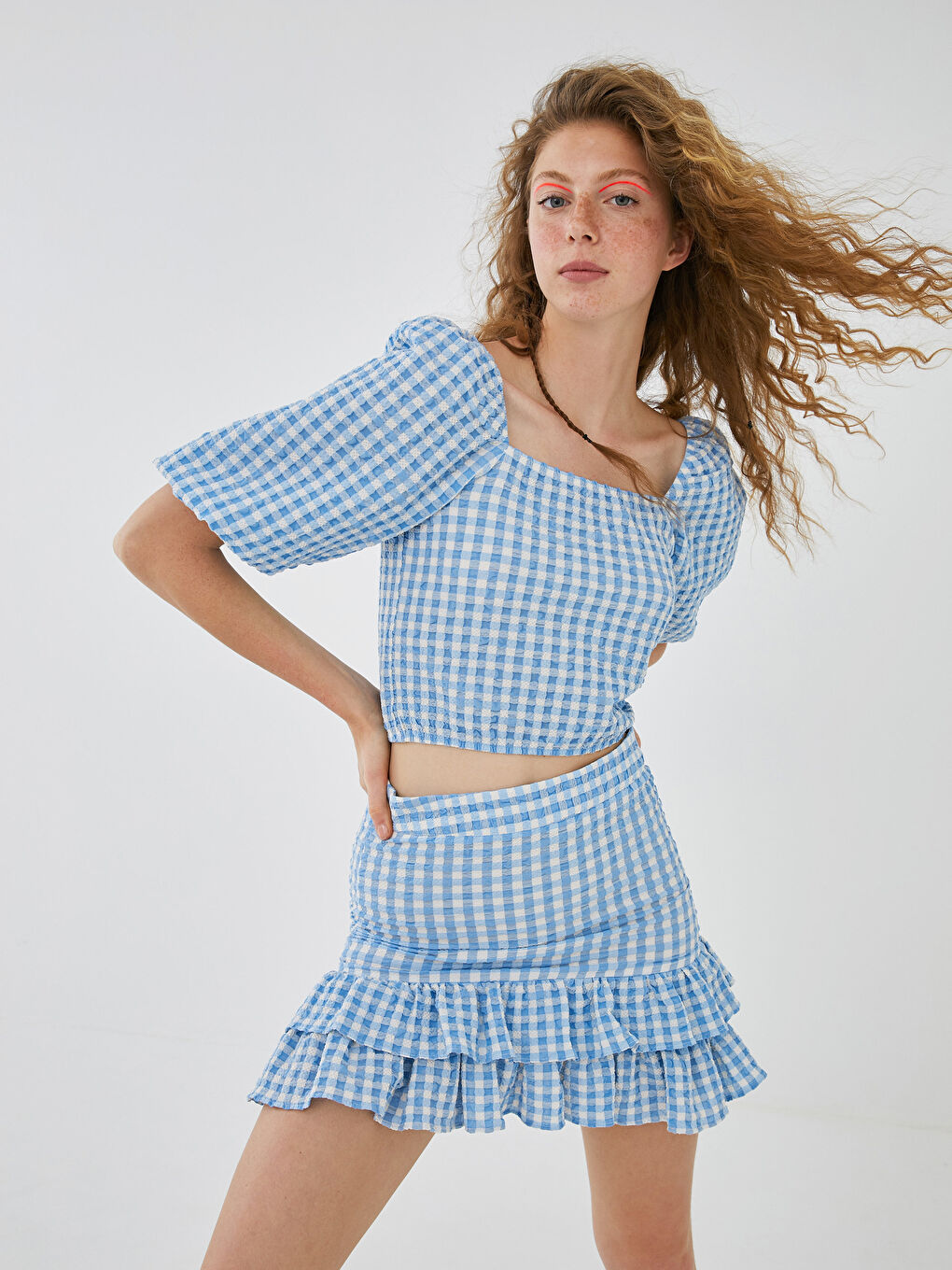 Mavi Ekose Fırfır Detaylı Fermuar Kapamalı Kadın Etek-7