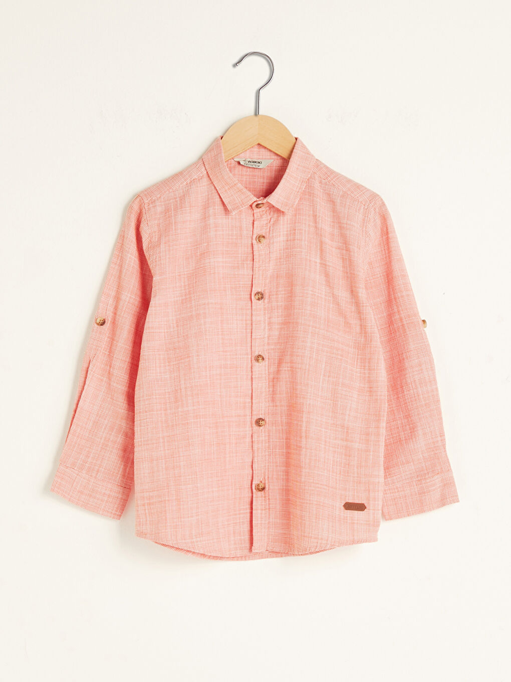 Chemise Garçon en Popeline à Motif Ton sur Ton à Manches Longues