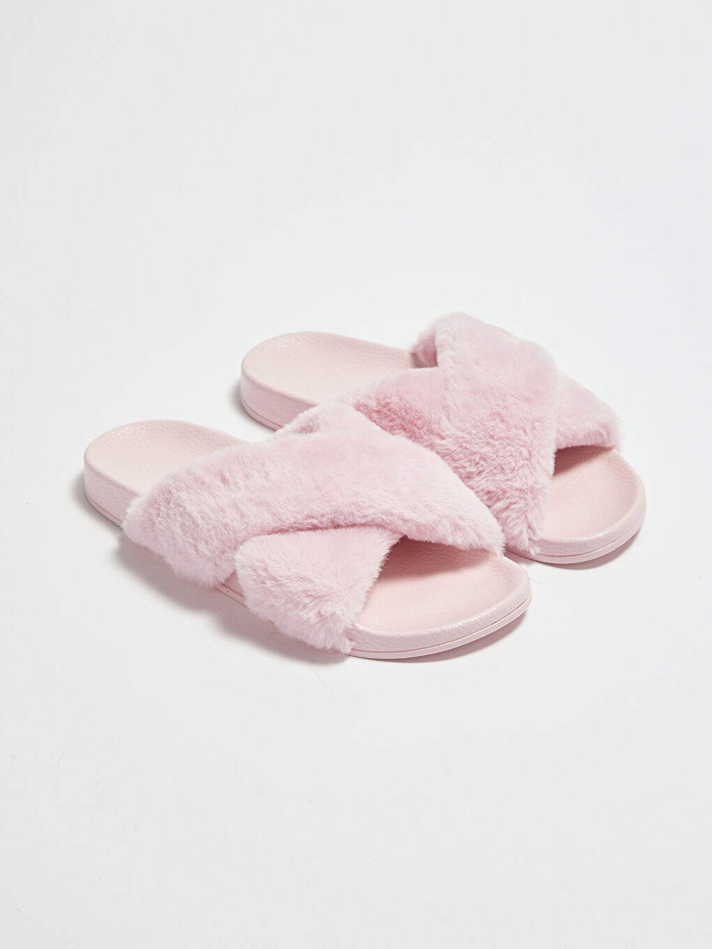 Pembe Çapraz Bantlı Tüylü Kadın Terlik