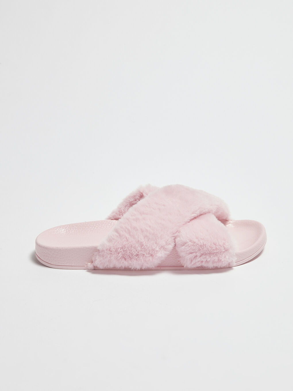 Pembe Çapraz Bantlı Tüylü Kadın Terlik-1