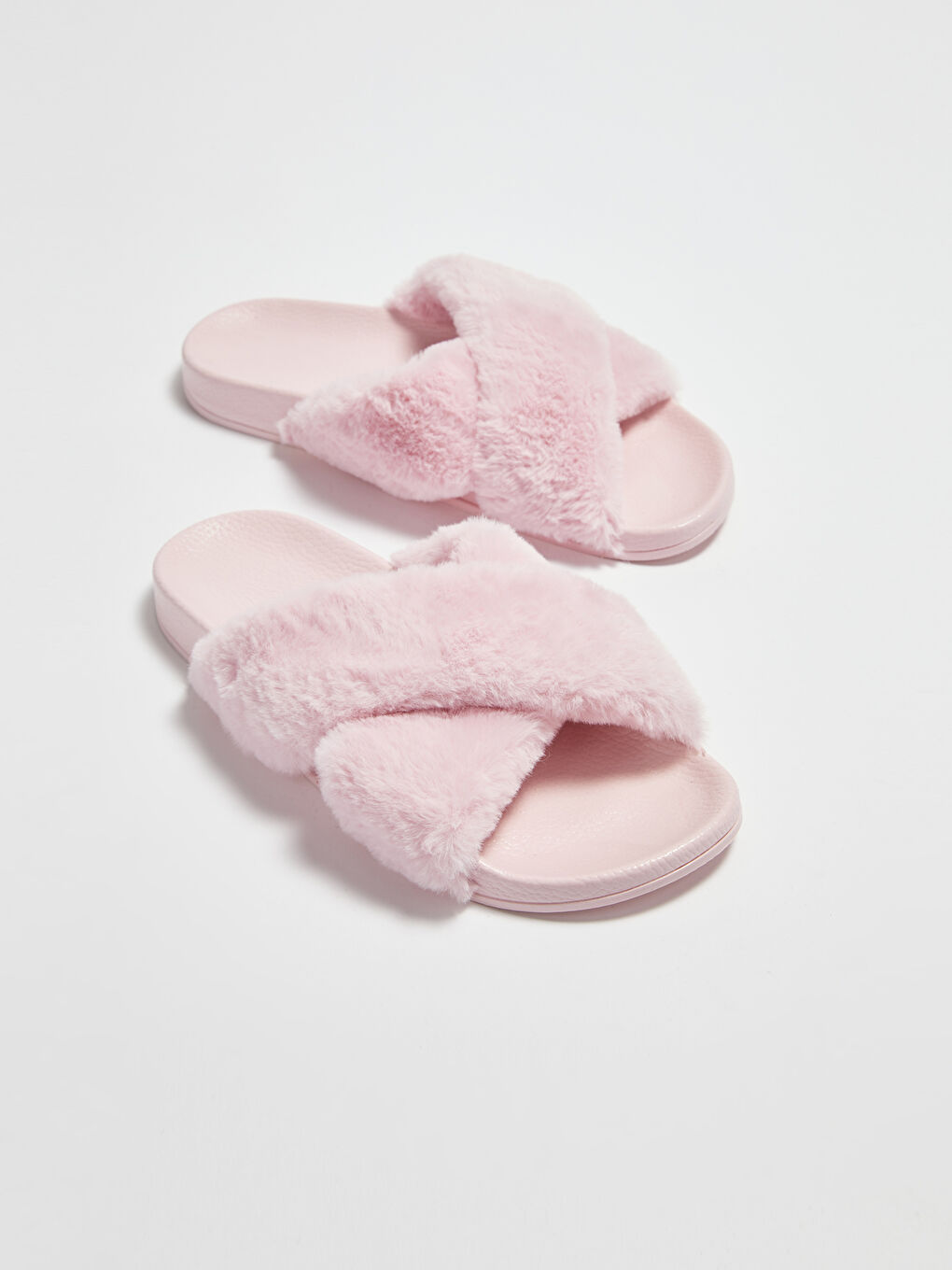 Pembe Çapraz Bantlı Tüylü Kadın Terlik-2