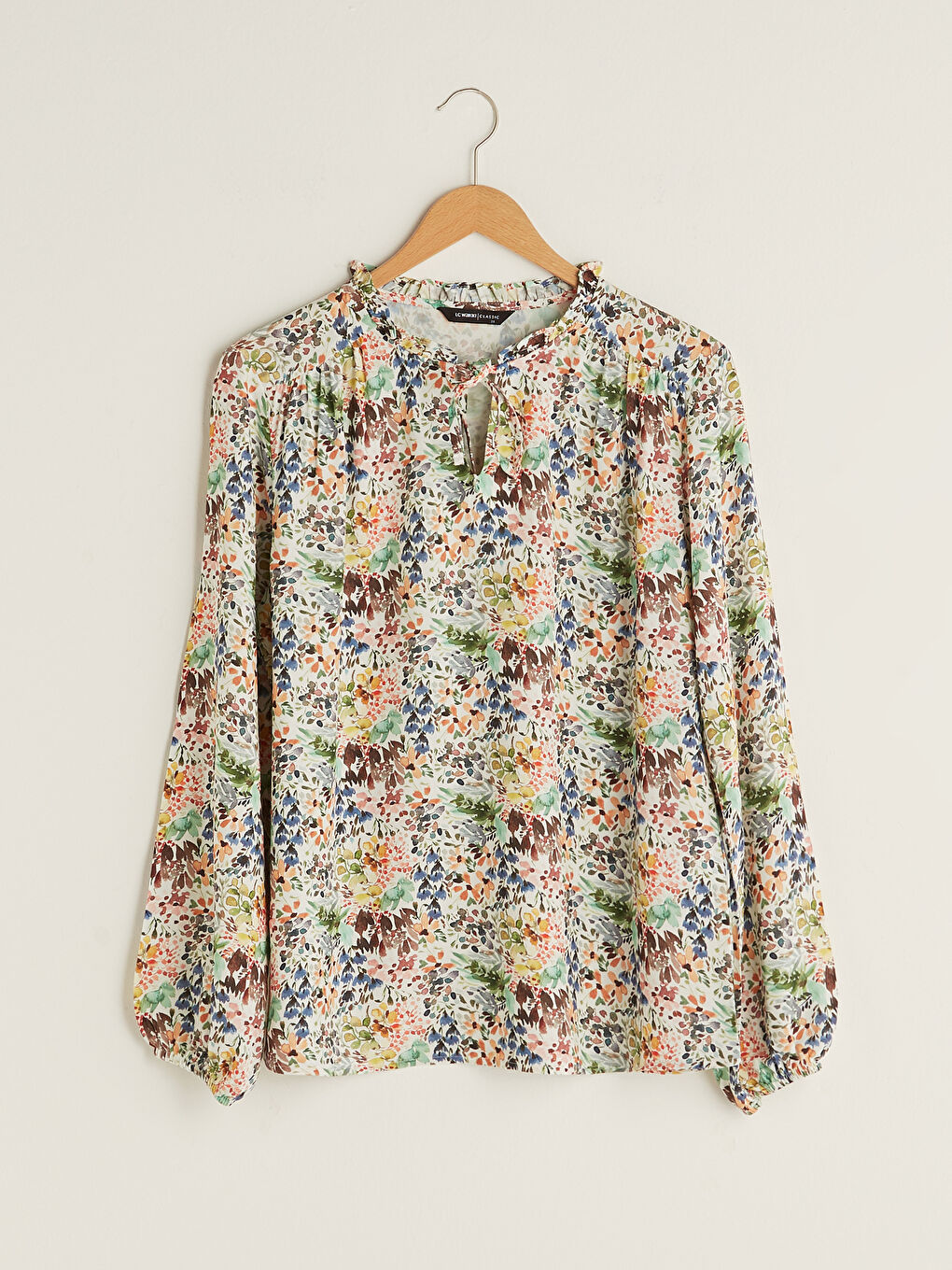 Блузка из вискозы с длинным рукавом, цветочным узором и оборками, с воротником на завязках для женщин-5