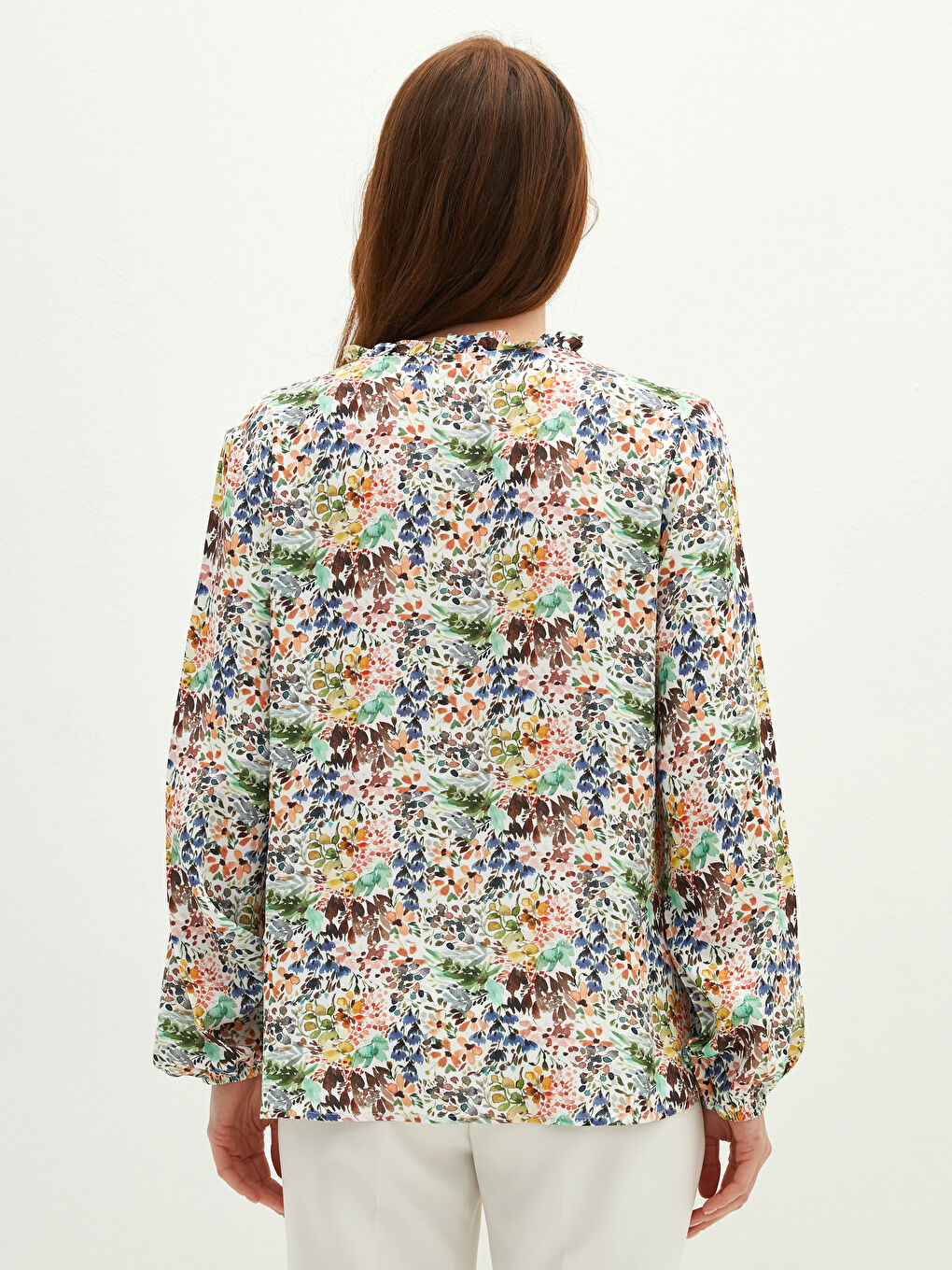 Блузка из вискозы с длинным рукавом, цветочным узором и оборками, с воротником на завязках для женщин-3