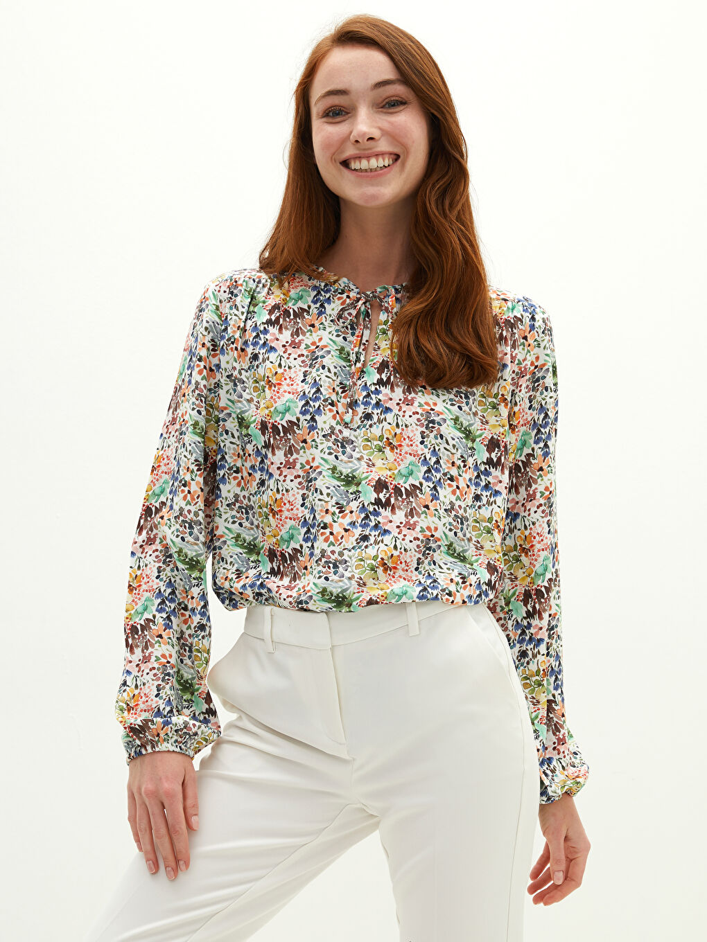 Блузка из вискозы с длинным рукавом, цветочным узором и оборками, с воротником на завязках для женщин-4