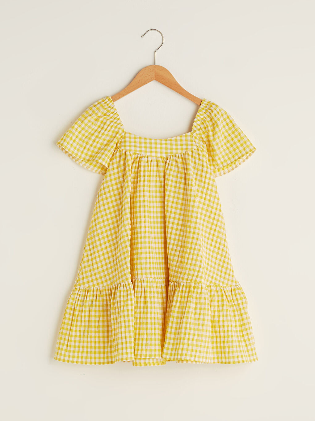 Sarı Kare Yaka Ekose Kısa Kollu Kız Çocuk Elbise-1