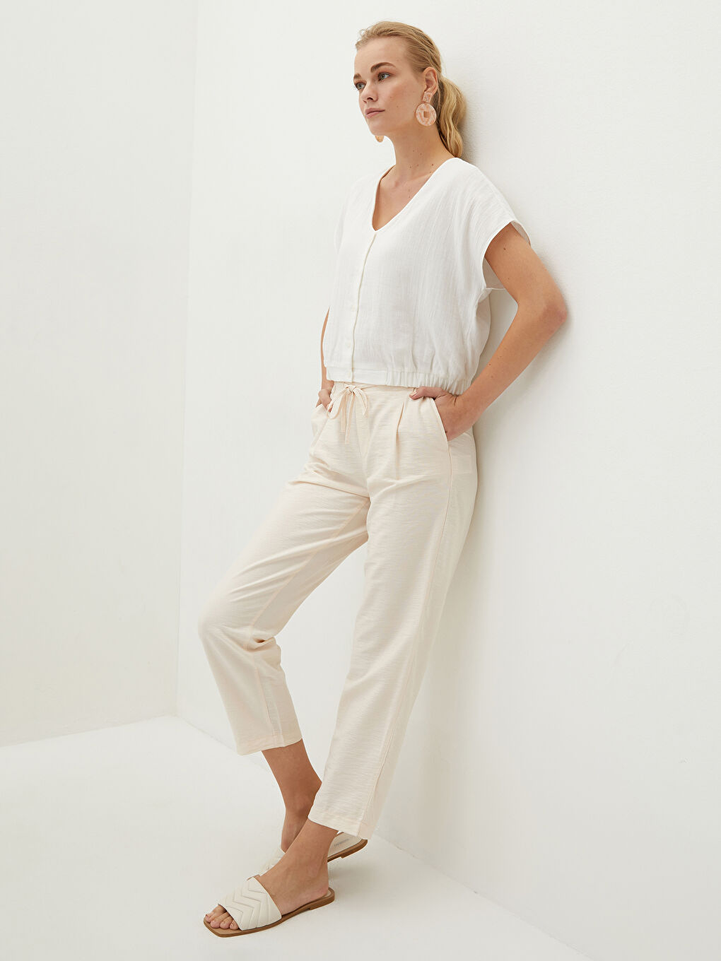 Beli Lastikli Düz Cep Detaylı Kadın Harem Pantolon-3