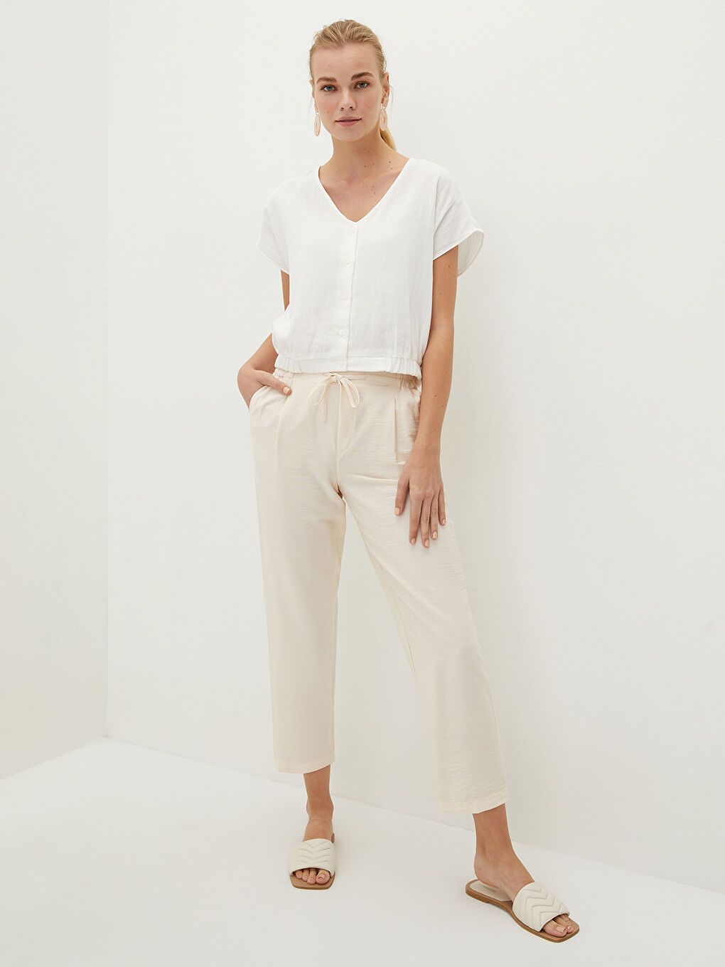 Beli Lastikli Düz Cep Detaylı Kadın Harem Pantolon-1