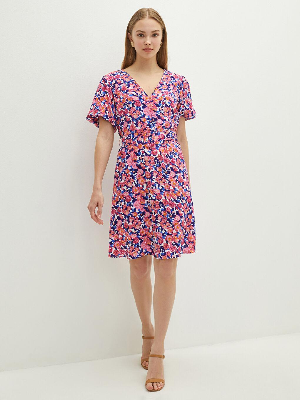 LCW Vision V Neck Patterned Waist Belt Detailed Short Sleeve A Cut Maroon Fabric Women Dress -S1I529Z8-LT4