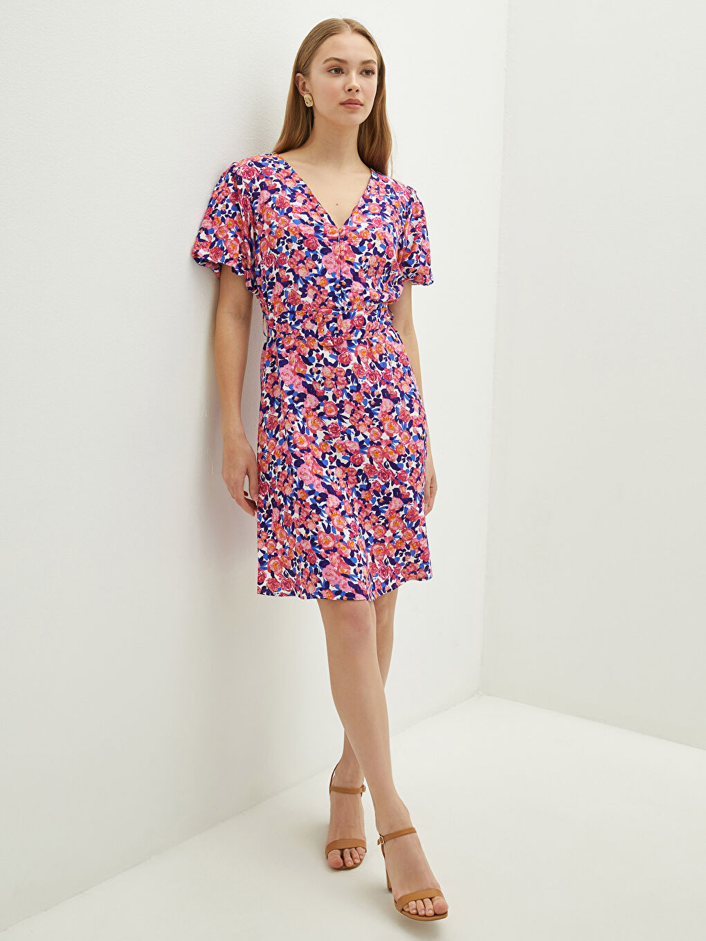 LCW Vision V Neck Patterned Waist Belt Detailed Short Sleeve A Cut Maroon Fabric Women Dress -S1I529Z8-LT4