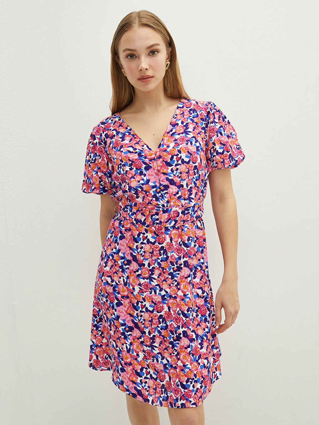 LCW Vision V Neck Patterned Waist Belt Detailed Short Sleeve A Cut Maroon Fabric Women Dress -S1I529Z8-LT4