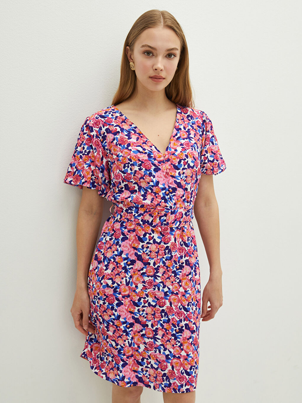 LCW Vision V Neck Patterned Waist Belt Detailed Short Sleeve A Cut Maroon Fabric Women Dress -S1I529Z8-LT4