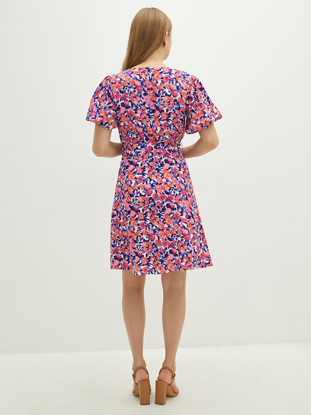 LCW Vision V Neck Patterned Waist Belt Detailed Short Sleeve A Cut Maroon Fabric Women Dress -S1I529Z8-LT4