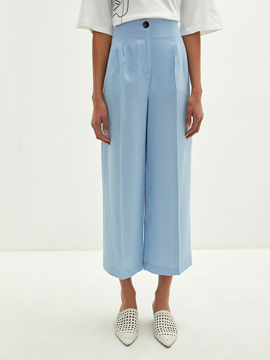 Taille Haute Uni Coupe Ample Pantalon Capri Longueur Cheville Femme-3