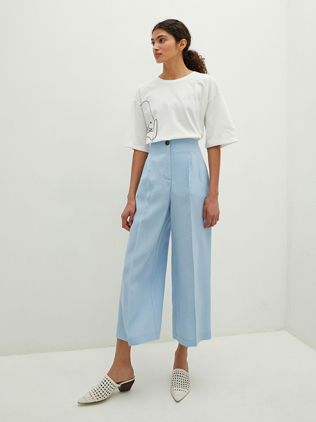 Taille Haute Uni Coupe Ample Pantalon Capri Longueur Cheville Femme-2