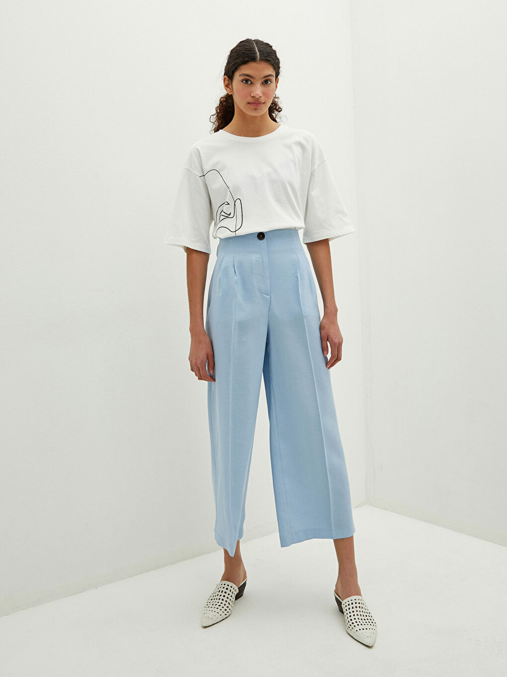 Taille Haute Uni Coupe Ample Pantalon Capri Longueur Cheville Femme-1