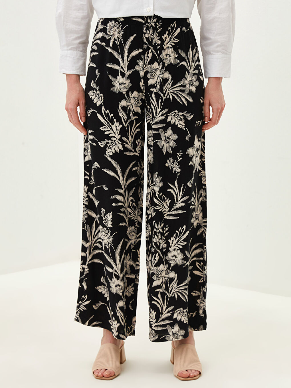 Široke pantalone od viskoze za žene sa elastičnim strukom širokog kroja sa šarom-2