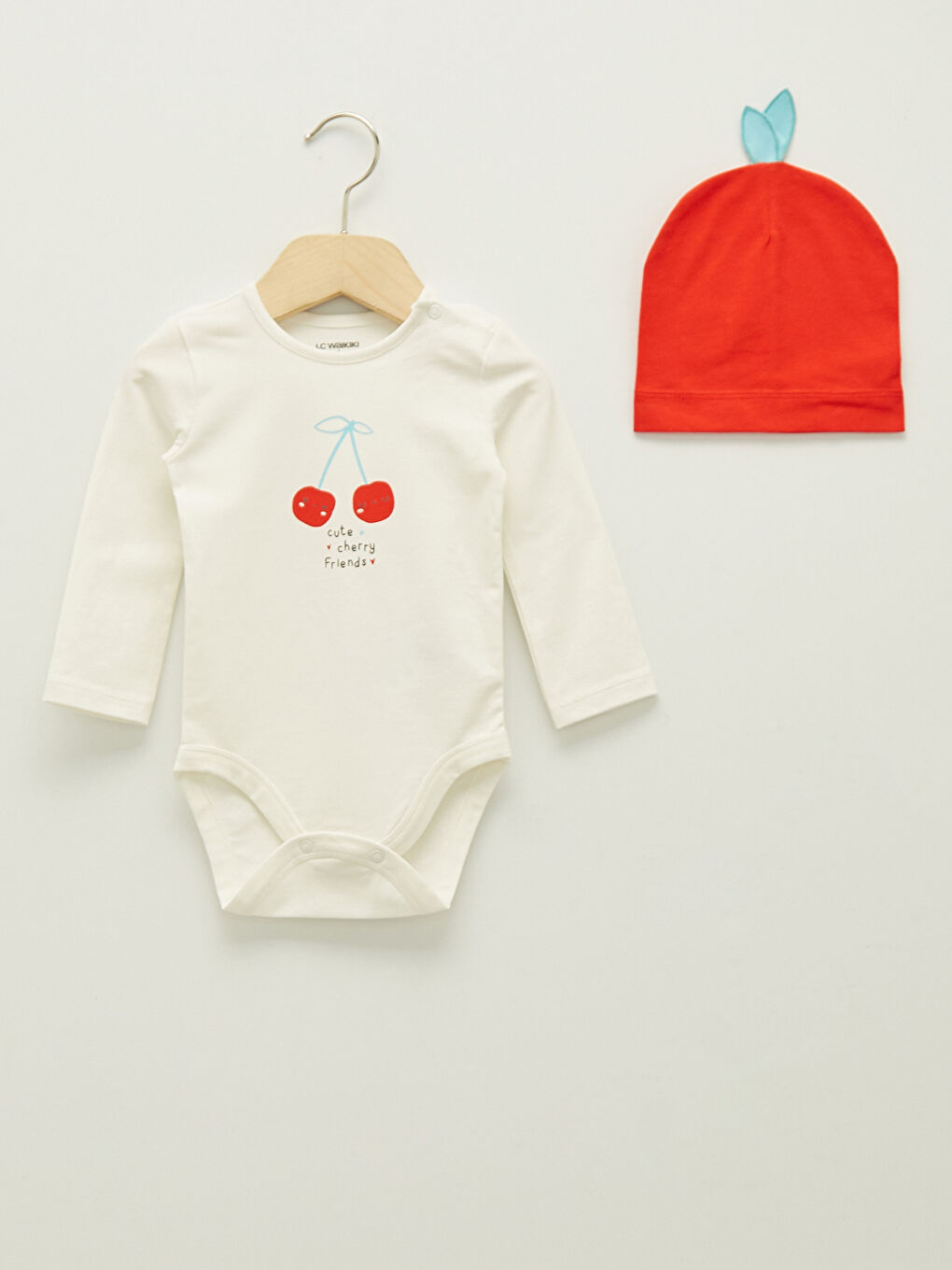 Ekru Bisiklet Yaka Uzun Kollu Baskılı Unisex Bebek Çıtçıtlı Body Pantolon ve Bere 3'lü Takım-3