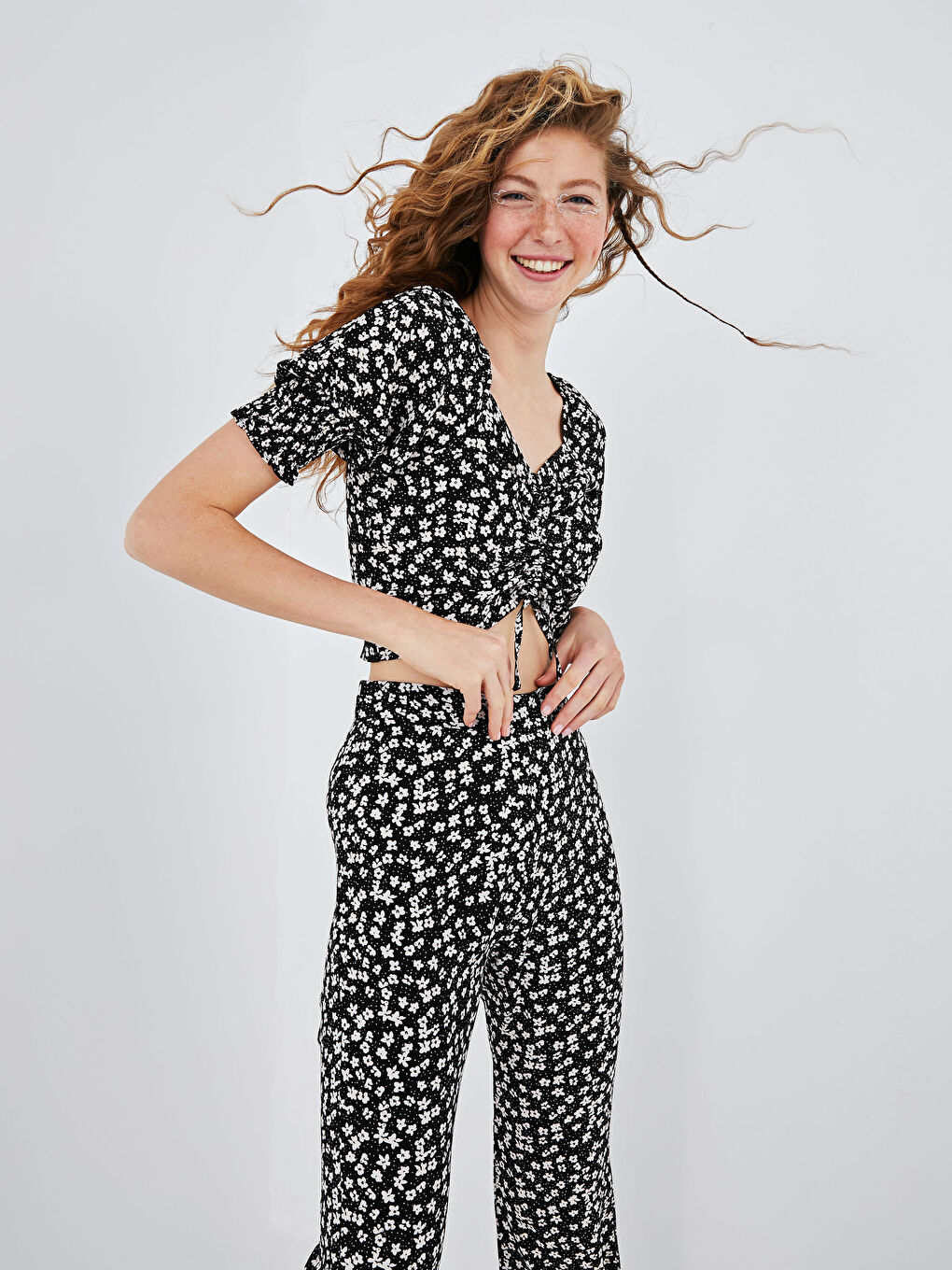 Floral Printed Gathered Detailed Short Sleeve Viscose Women Blouse-1