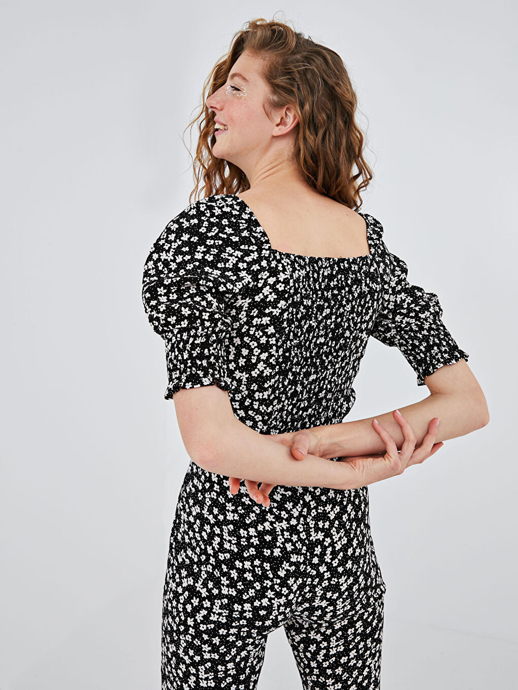 Floral Printed Gathered Detailed Short Sleeve Viscose Women Blouse-6