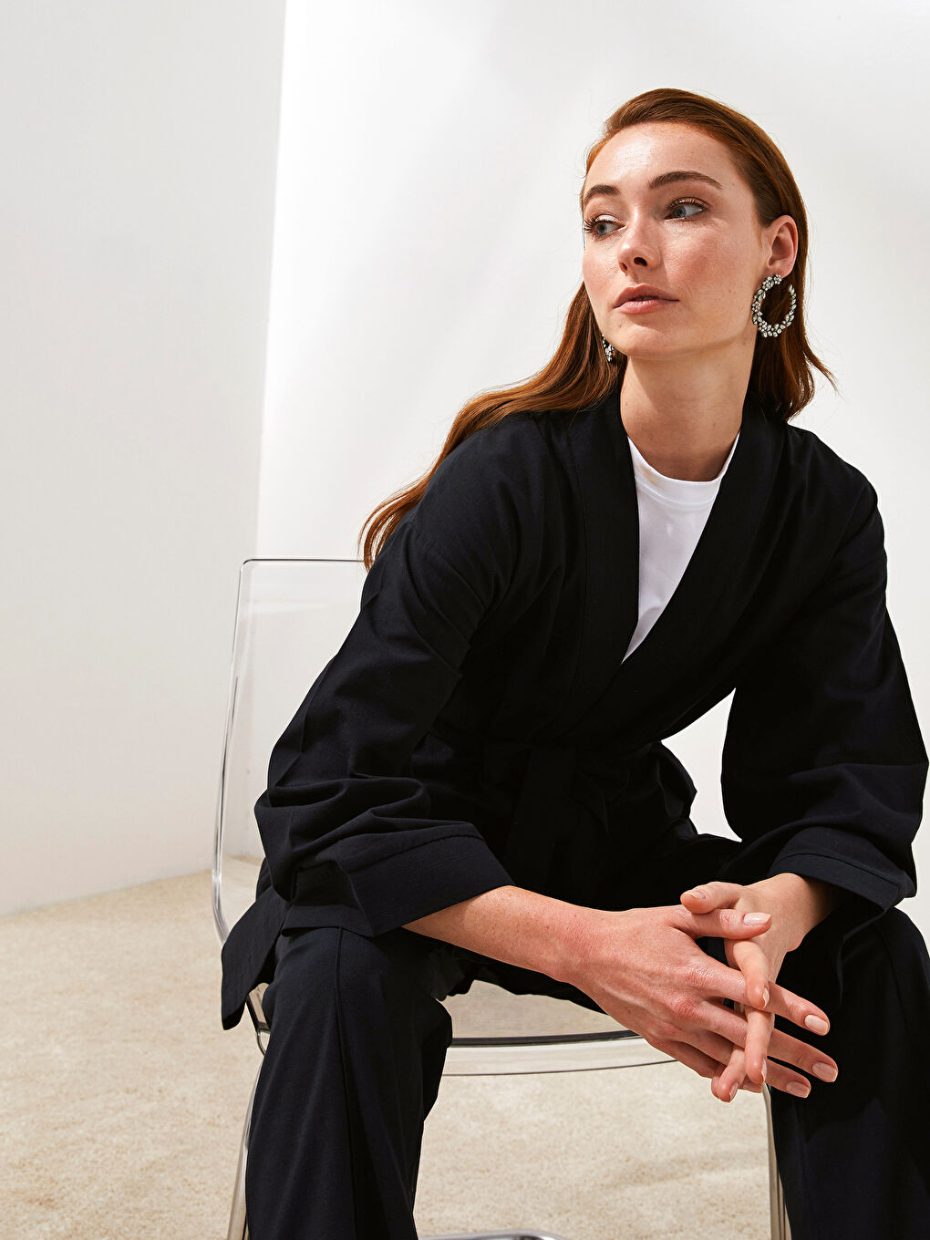 Siyah Cep Detaylı Geniş Kollu Bağlama Detaylı Oversize Kadın Kimono-7