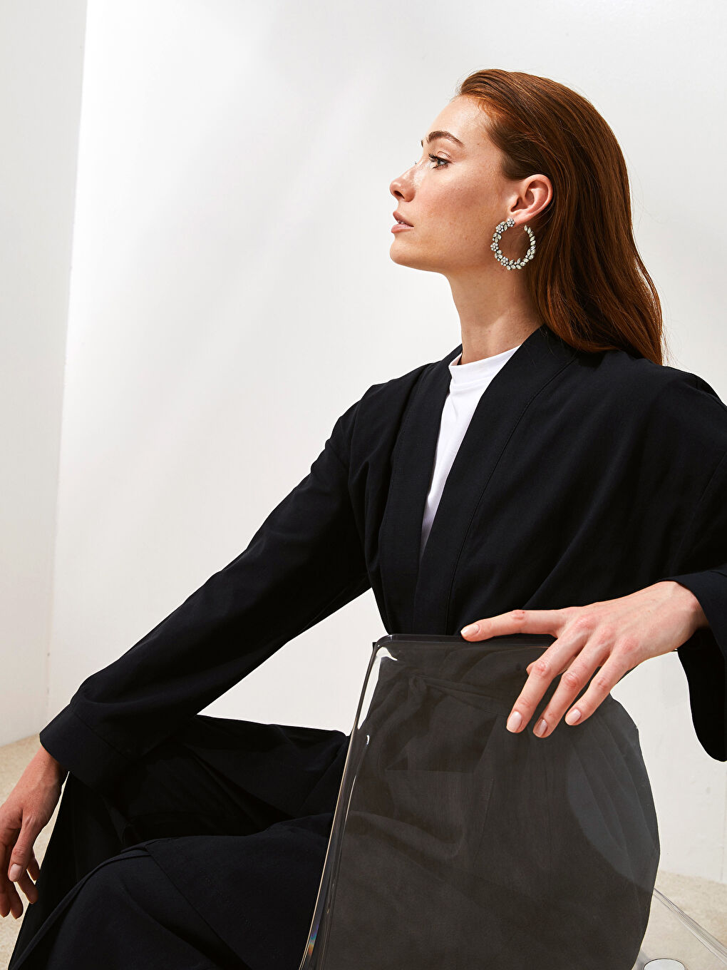 Siyah Cep Detaylı Geniş Kollu Bağlama Detaylı Oversize Kadın Kimono-6