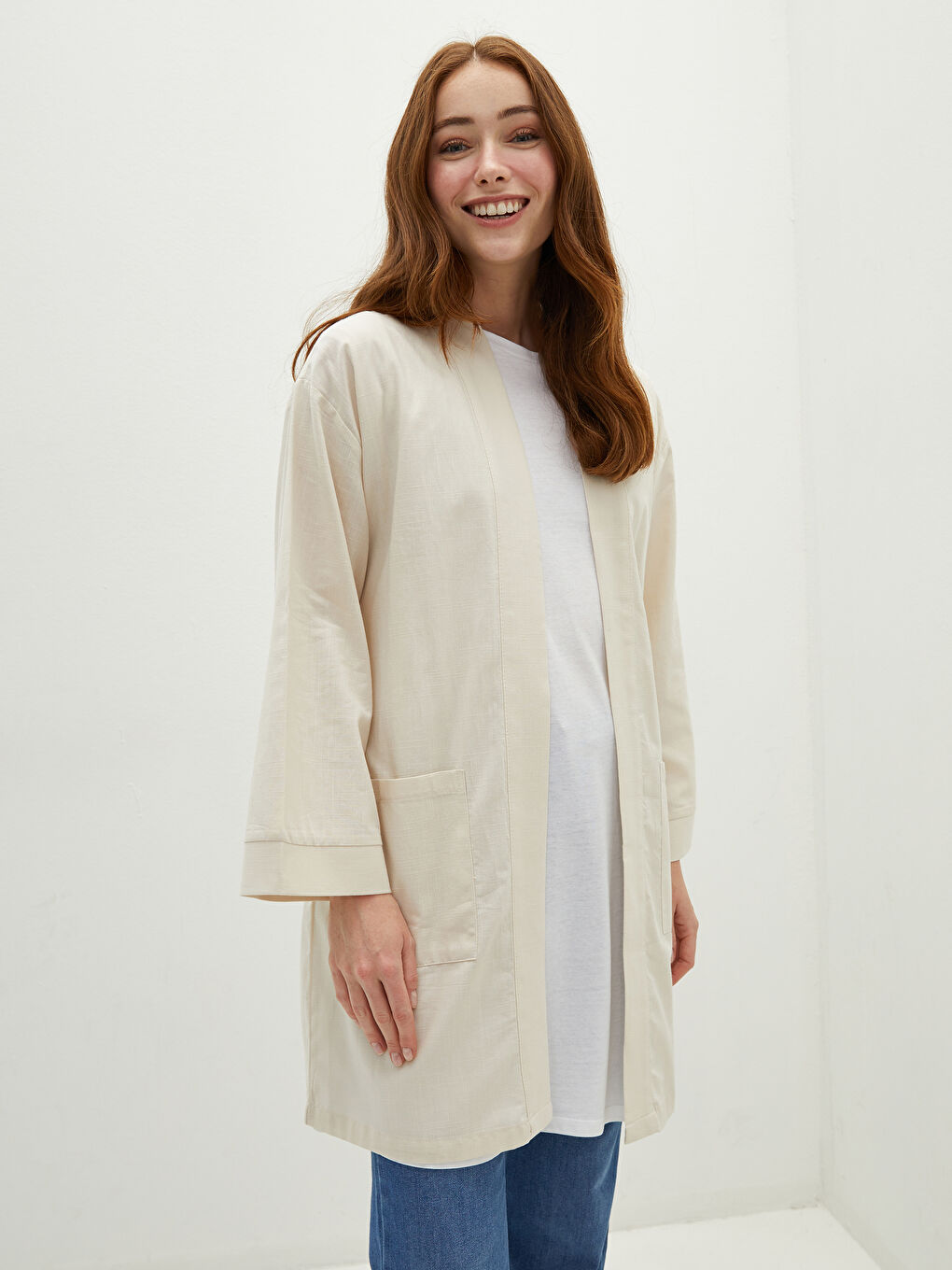 Kimono pour Femmes avec Détail de Poche Manches Larges Détail en Dentelle Surdimensionné-2