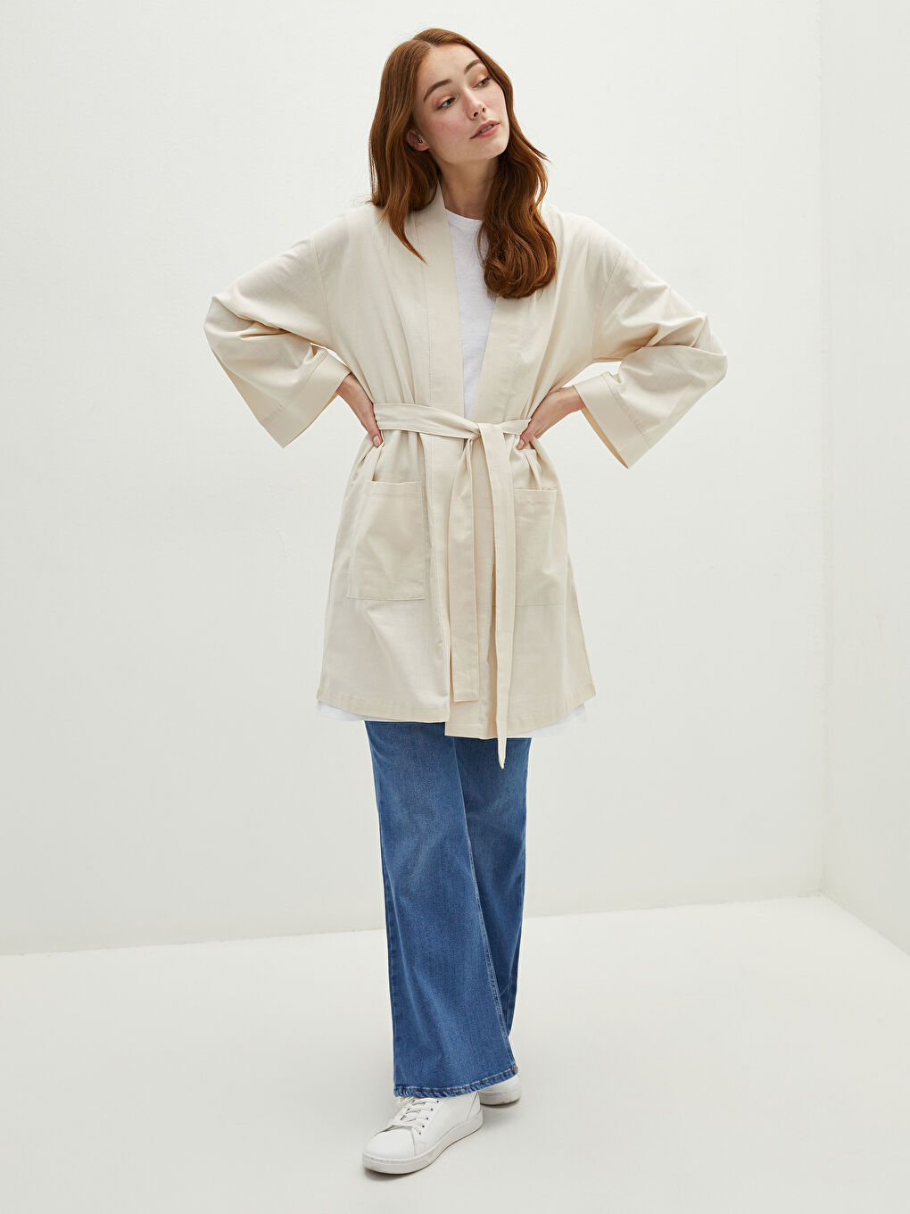 Kimono pour Femmes avec Détail de Poche Manches Larges Détail en Dentelle Surdimensionné-3