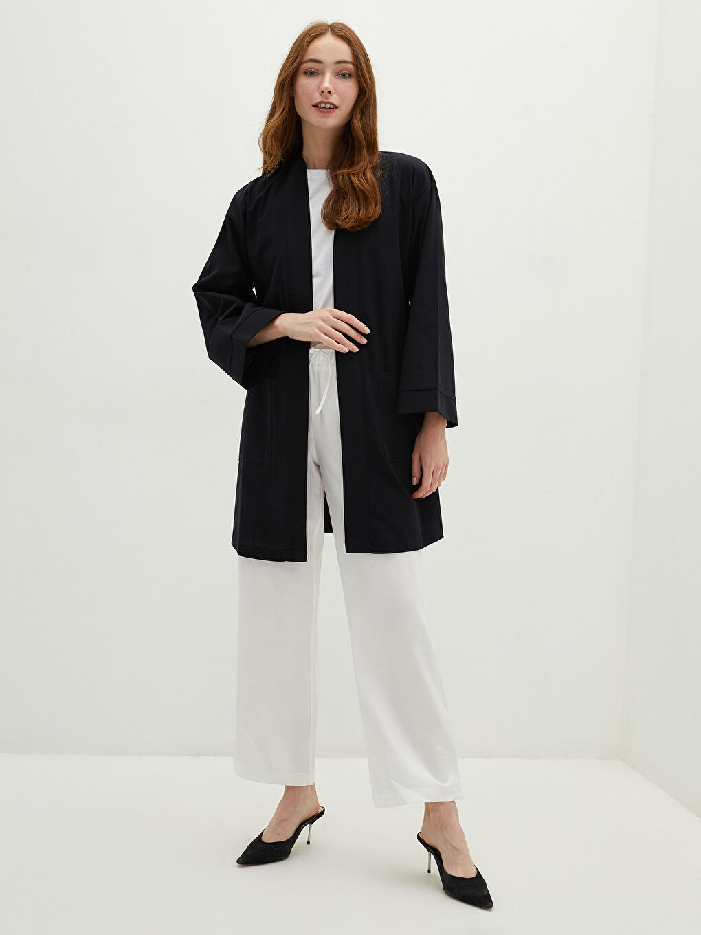 Siyah Cep Detaylı Geniş Kollu Bağlama Detaylı Oversize Kadın Kimono-4