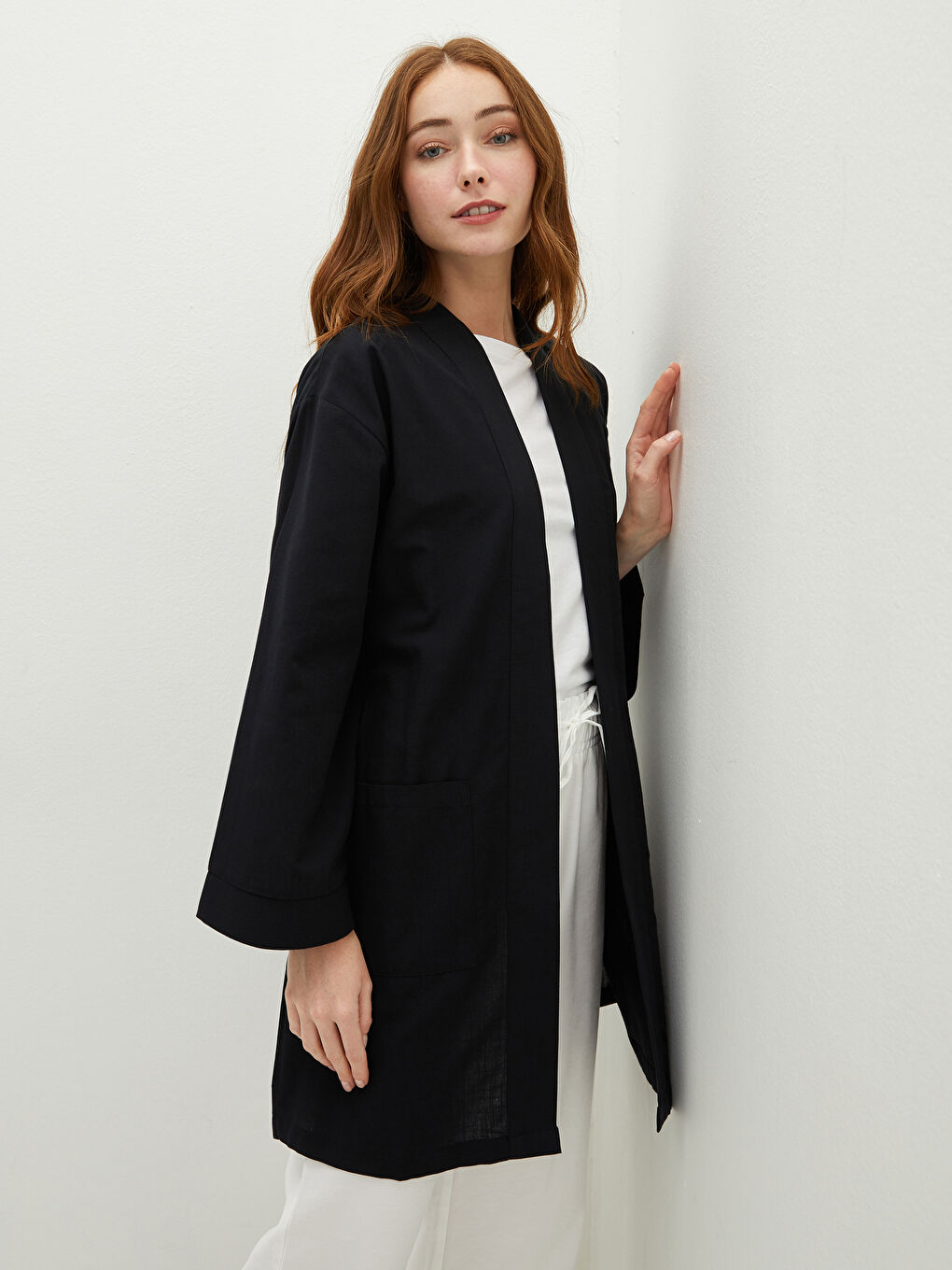 Siyah Cep Detaylı Geniş Kollu Bağlama Detaylı Oversize Kadın Kimono