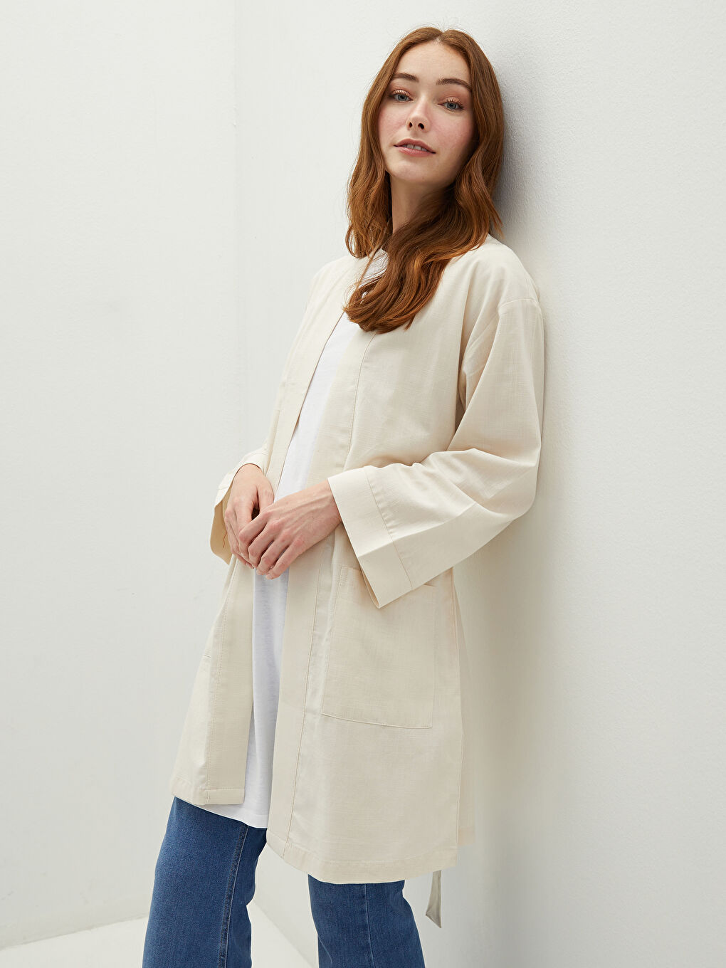 Kimono pour Femmes avec Détail de Poche Manches Larges Détail en Dentelle Surdimensionné-1